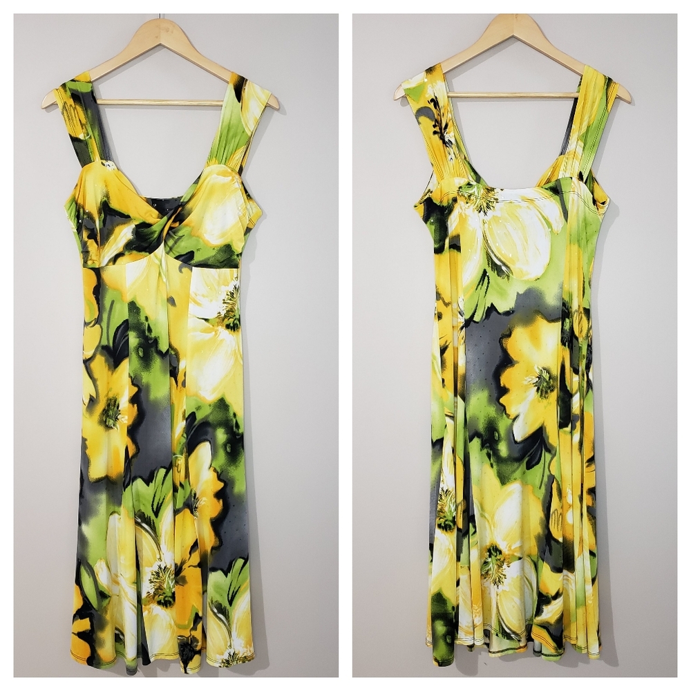 Sleeveless Yellow & Green Floral Midi Dress